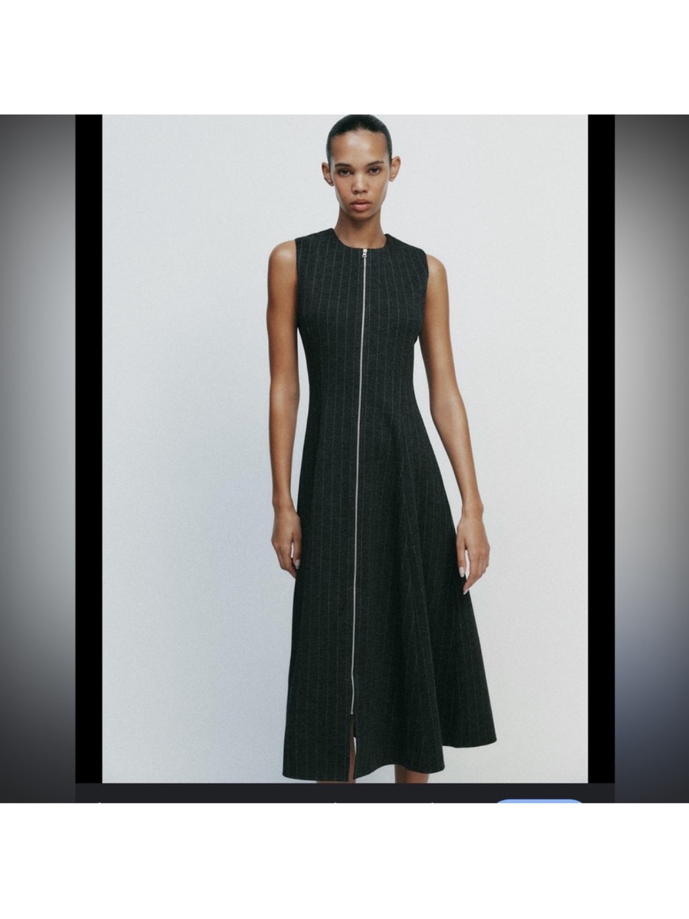 Zara Gray Pinstripe Midi Dress with Silver Center Zip